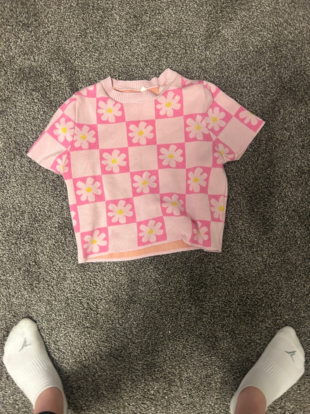 Pink Checker Daisy Knit Top - Kids